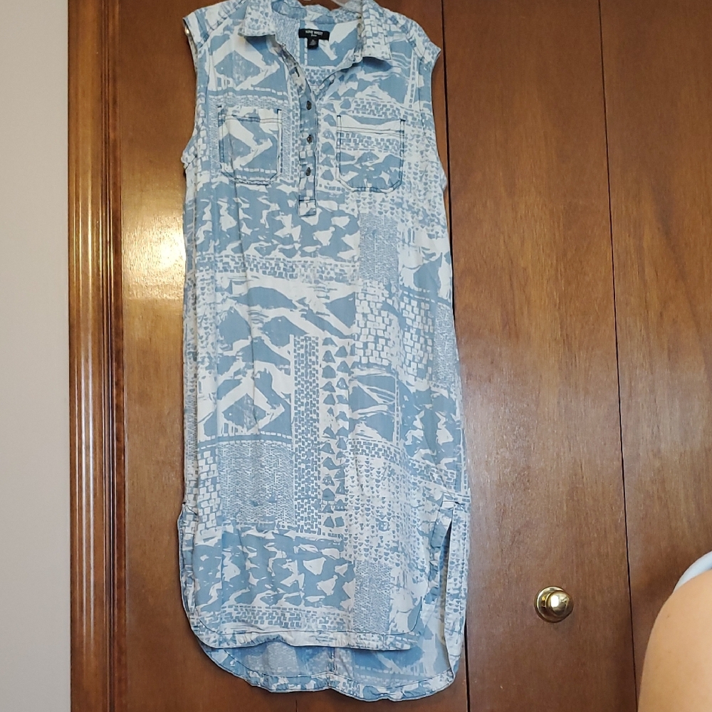 Nine West Blue Patterned Sleeveless Jean Dress